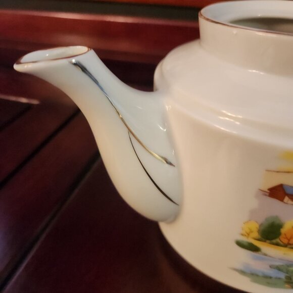 Rare Find Vintage Hand Painted Ceramic Teapot Countryside Theme Farmhouse - Picture 9 of 13